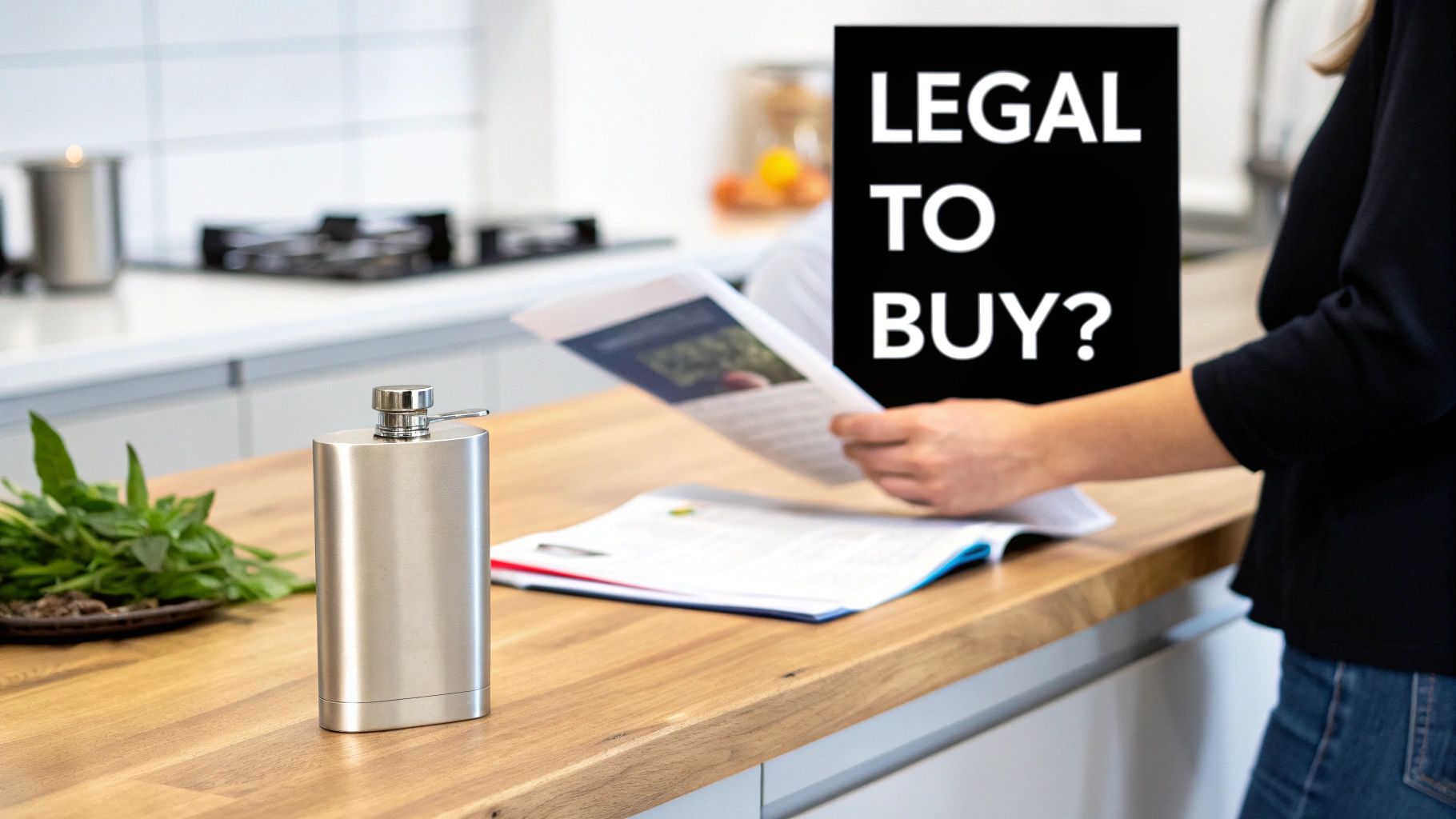 A stainless steel hip flask sits on a wooden kitchen counter near herbs, with a person reading a document asking 'LEGAL TO BUY?'.
