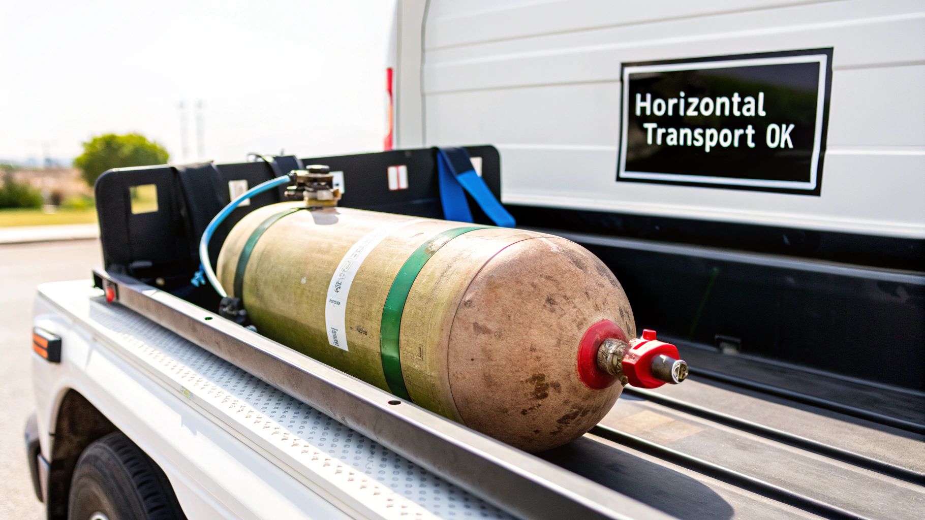 A large gas cylinder is securely transported horizontally in the open bed of a white pickup truck.