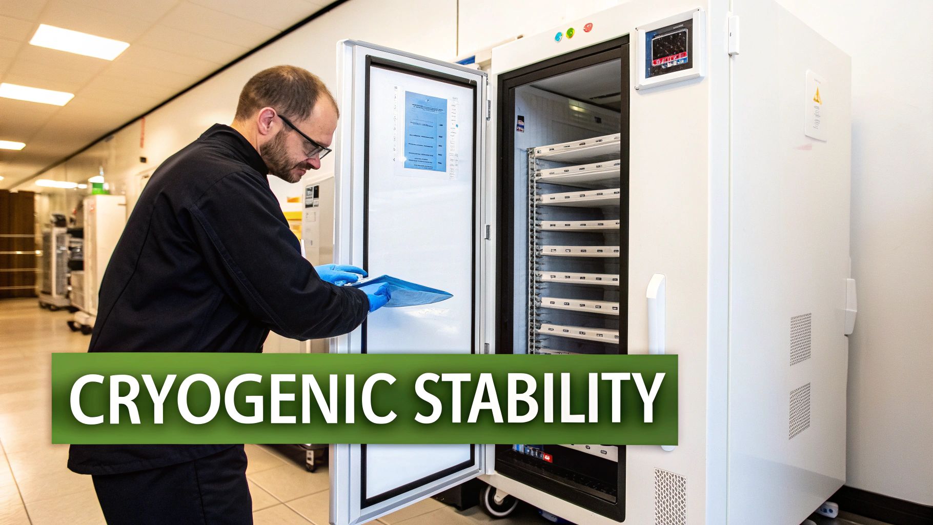 A scientist wearing gloves accesses samples from a large white cryogenic freezer, emphasizing cryogenic stability.