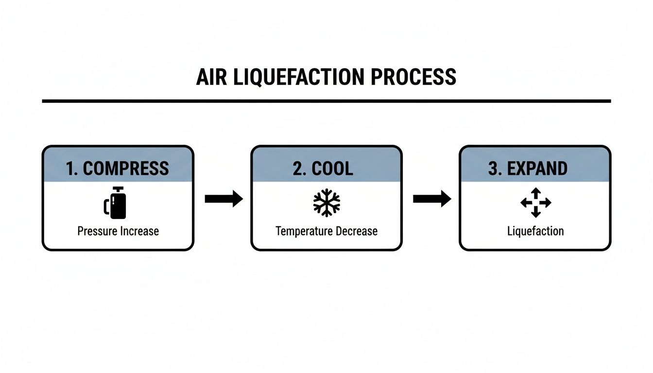 A flowchart illustrates the three steps of the air liquefaction process: compress, cool, and expand.
