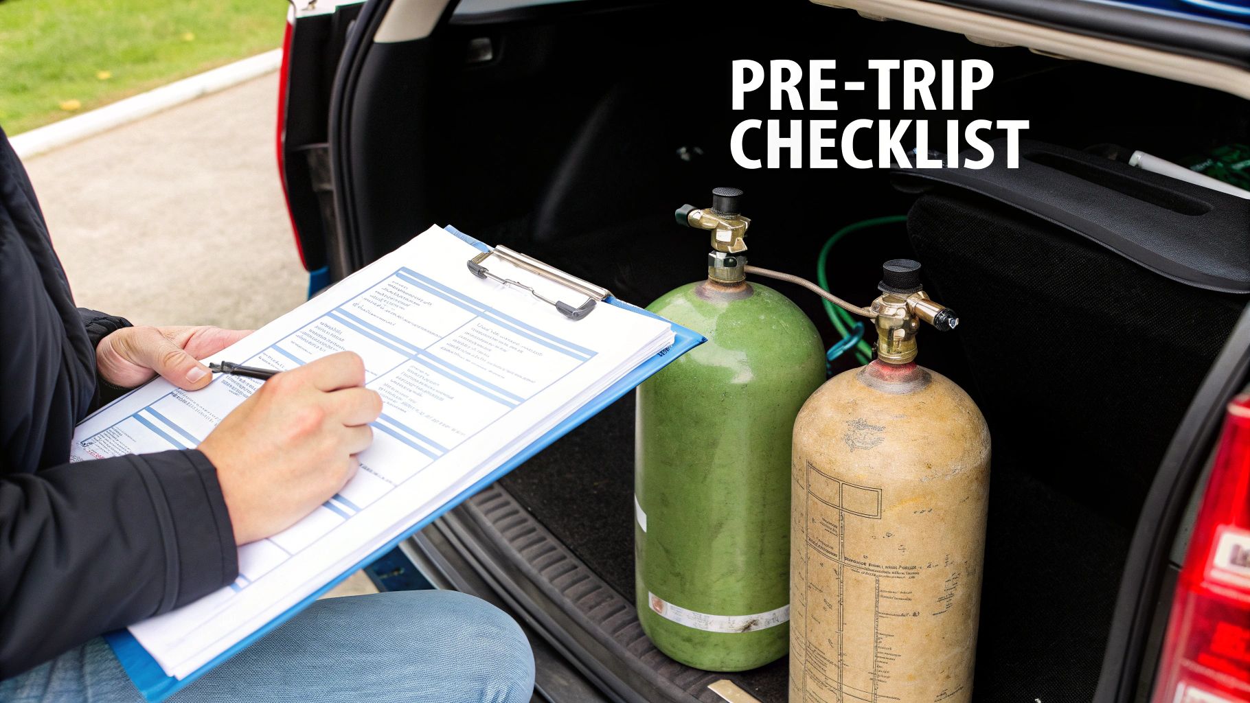 A person reviews a pre-trip checklist held over a car trunk containing two gas cylinders.