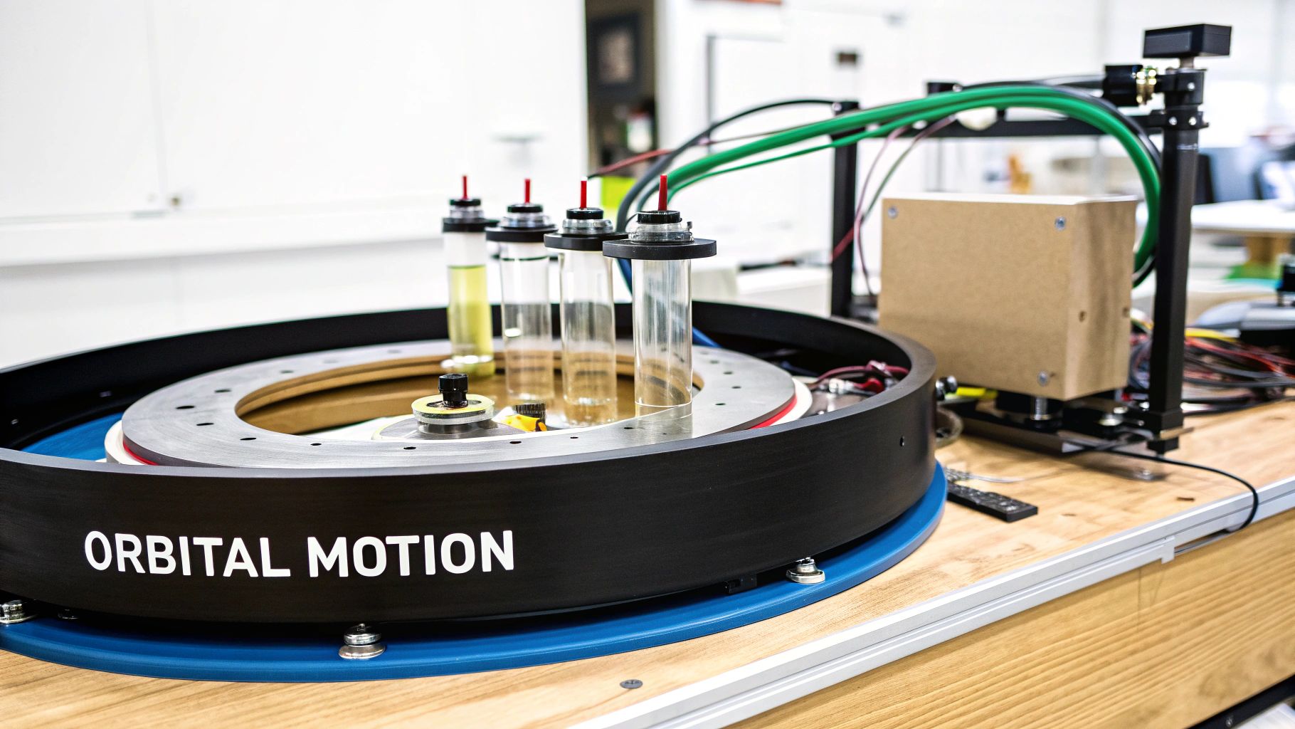 A laboratory device labeled 'ORBITAL MOTION' with several clear tubes, some containing yellow liquid, on a wooden table.