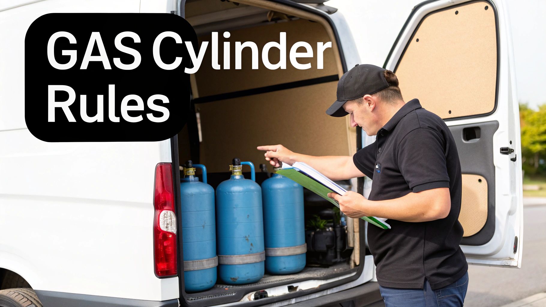Delivery worker inspecting gas cylinders in van cargo area checking transportation compliance and safety regulations