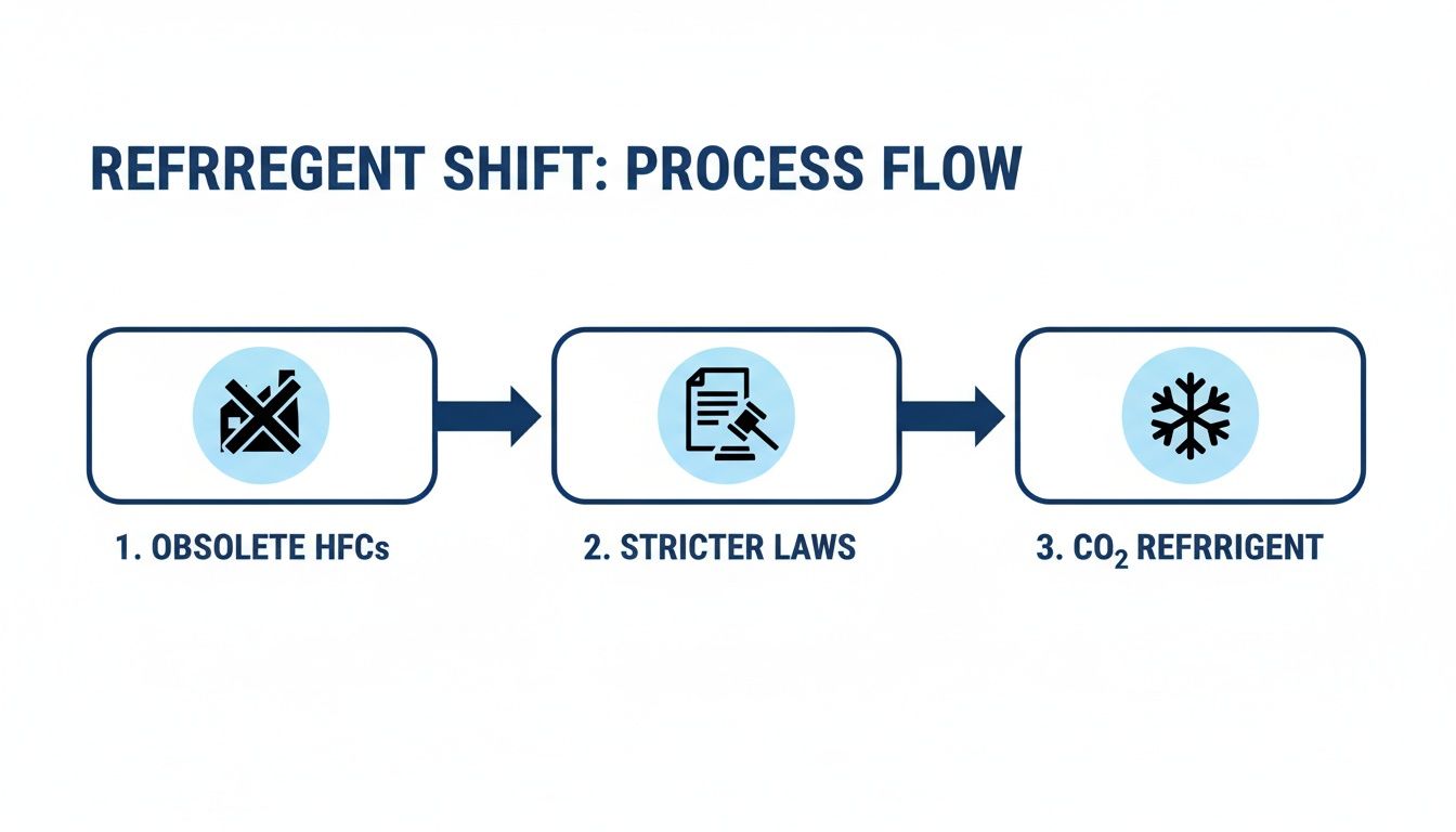 Flowchart illustrating the shift from obsolete HFC refrigerants to CO2 refrigerants driven by stricter environmental laws.