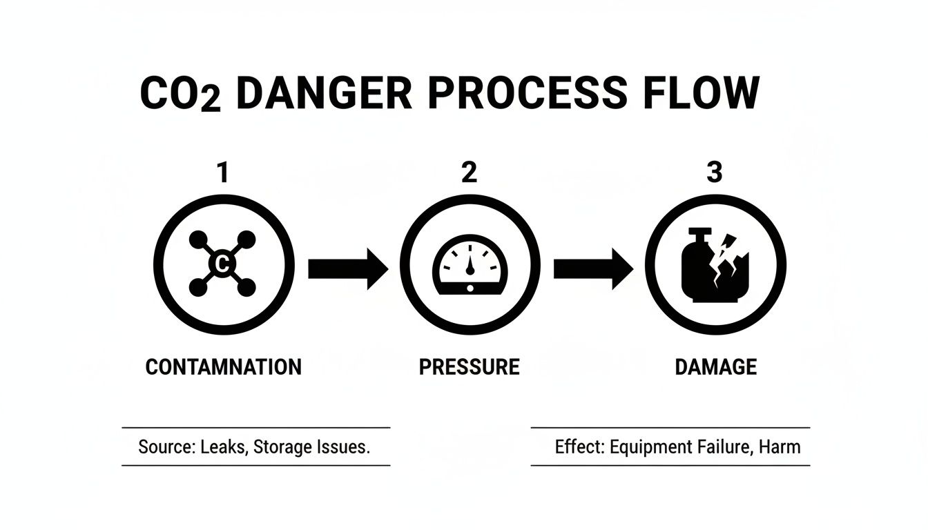 Flowchart illustrating CO2 danger process from contamination and leaks to pressure and equipment damage.