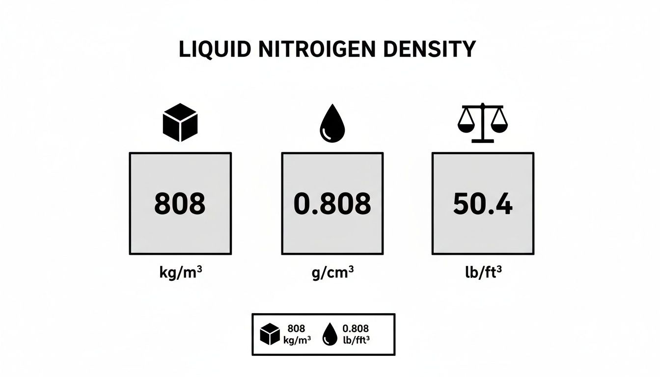 Liquid nitrogen density displayed as 808 kg/m³, 0.808 g/cm³, and 50.4 lb/ft³.