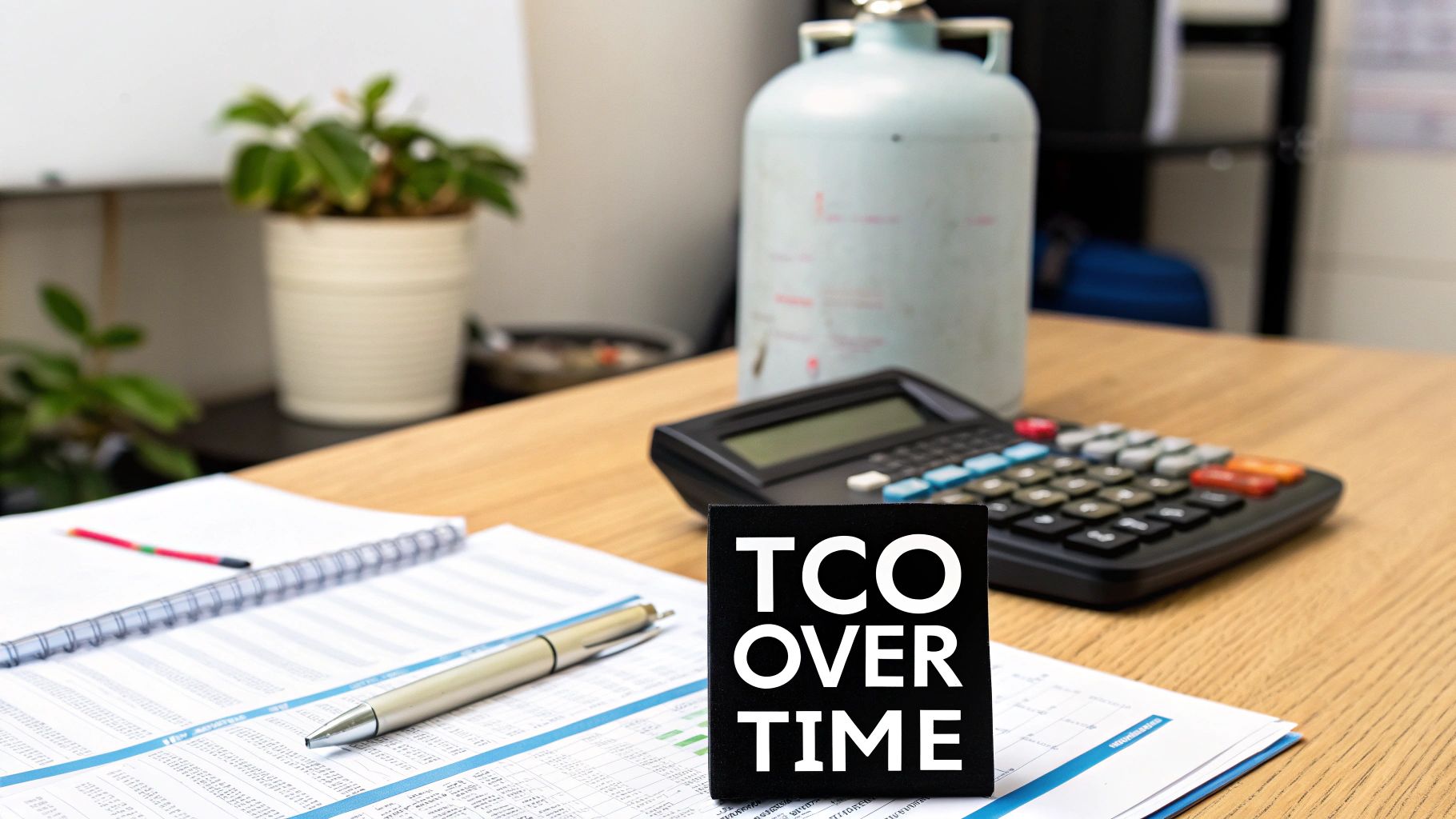 A desk with financial documents, a calculator, pen, and a block reading 'TCO OVER TIME'.