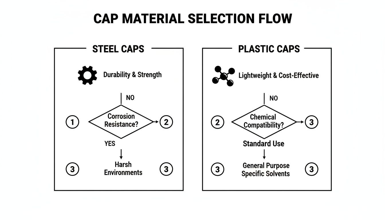 Flowchart illustrating the material selection process for caps, comparing steel and plastic properties.