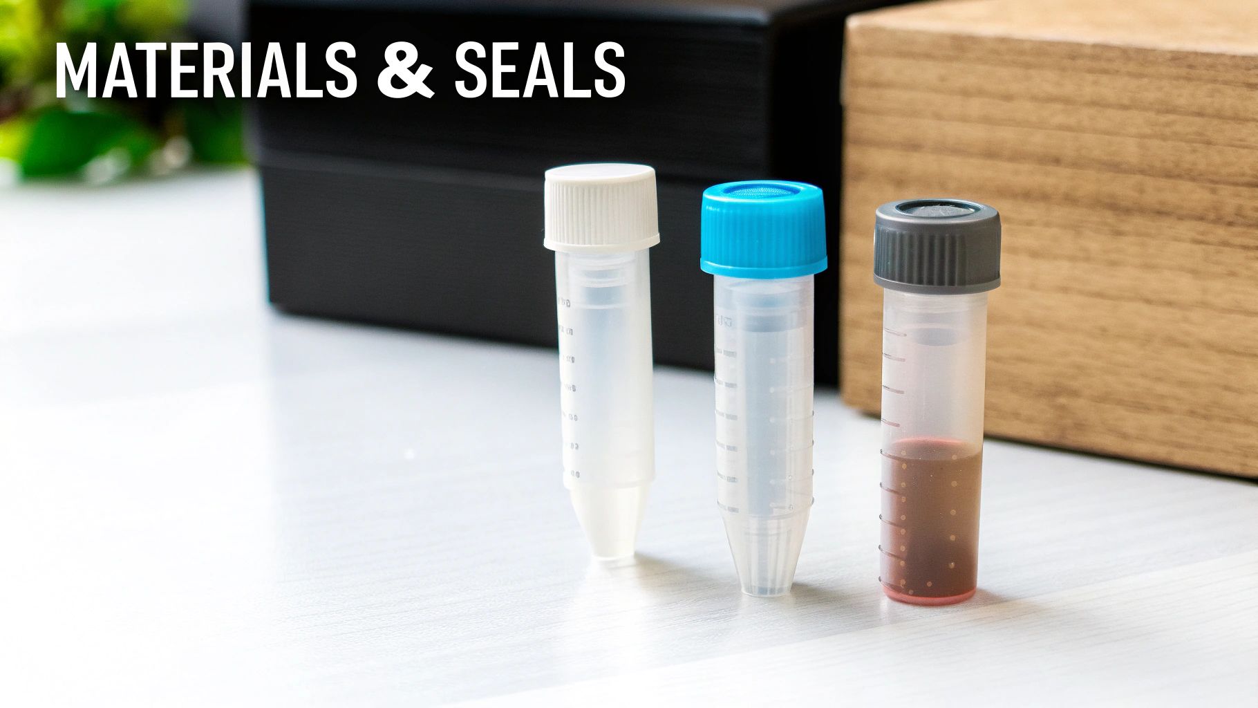 Three laboratory reaction tubes with different colored caps, one containing a brown liquid, on a white surface.