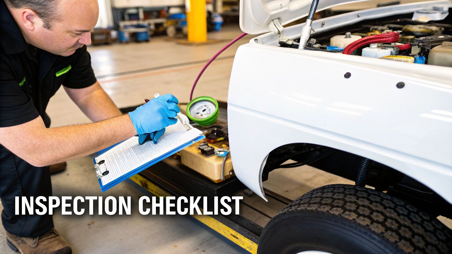 Mechanic wearing blue gloves writes on an inspection checklist for a white vehicle with open hood.