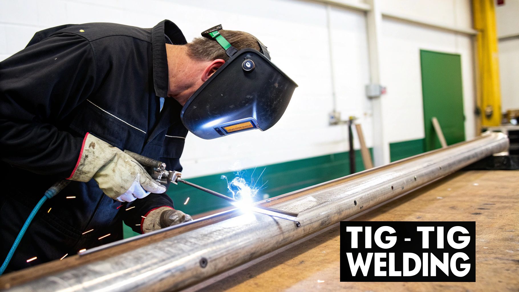 A welder in protective gear performs TIG welding on a metal pipe, creating bright sparks.