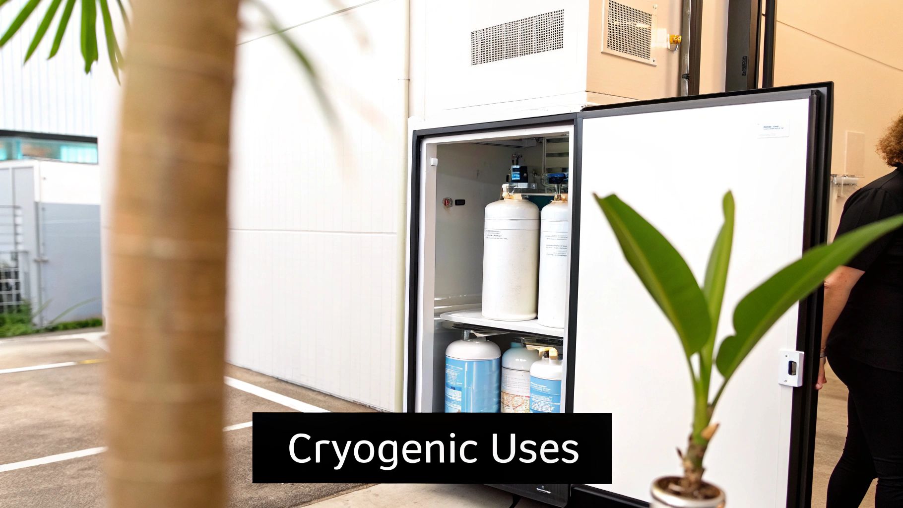 An outdoor cabinet with an open door reveals several white and blue cryogenic gas cylinders.