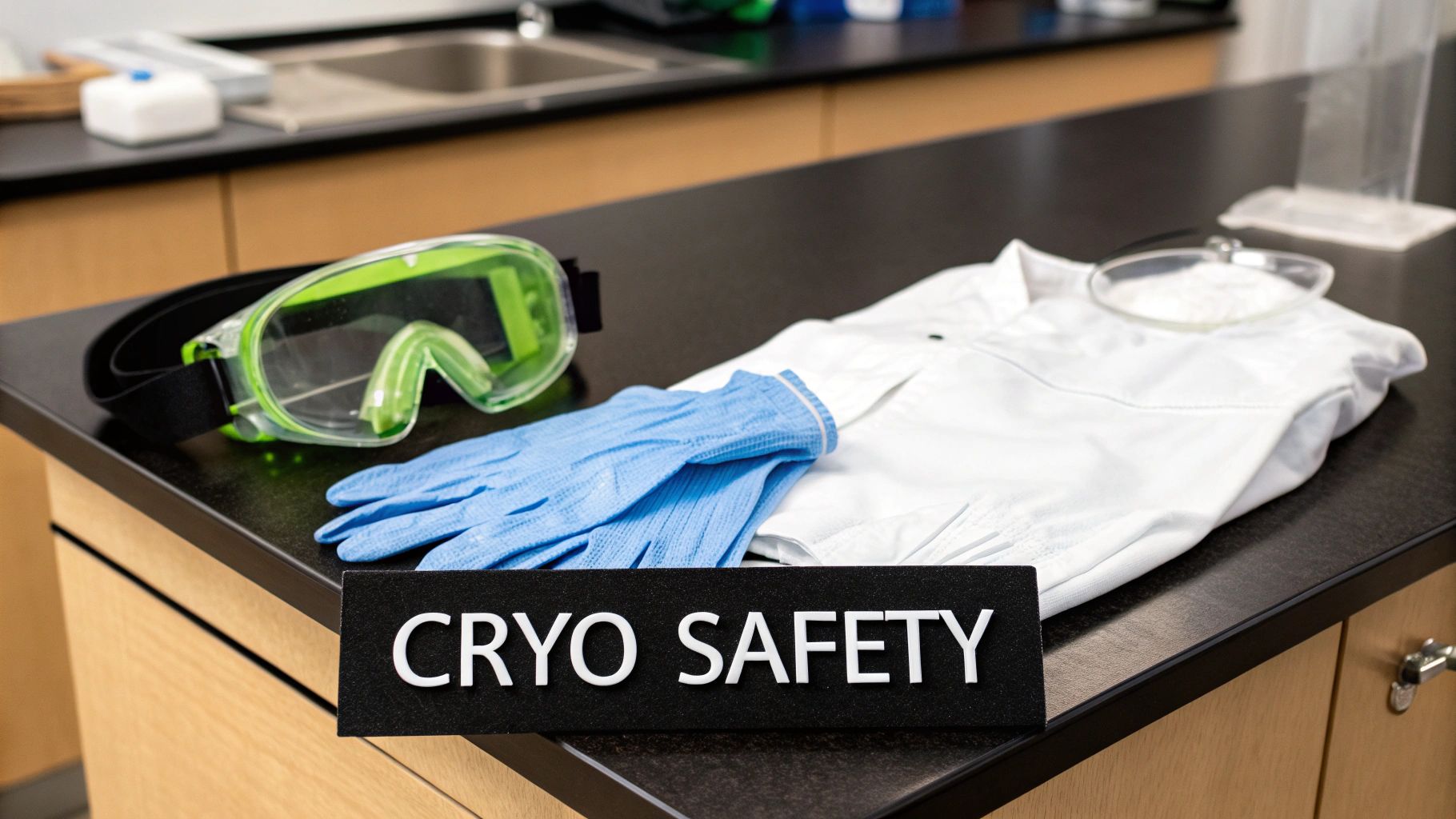 Cryo safety personal protective equipment (PPE) including green goggles, blue gloves, and a white lab coat on a lab bench.