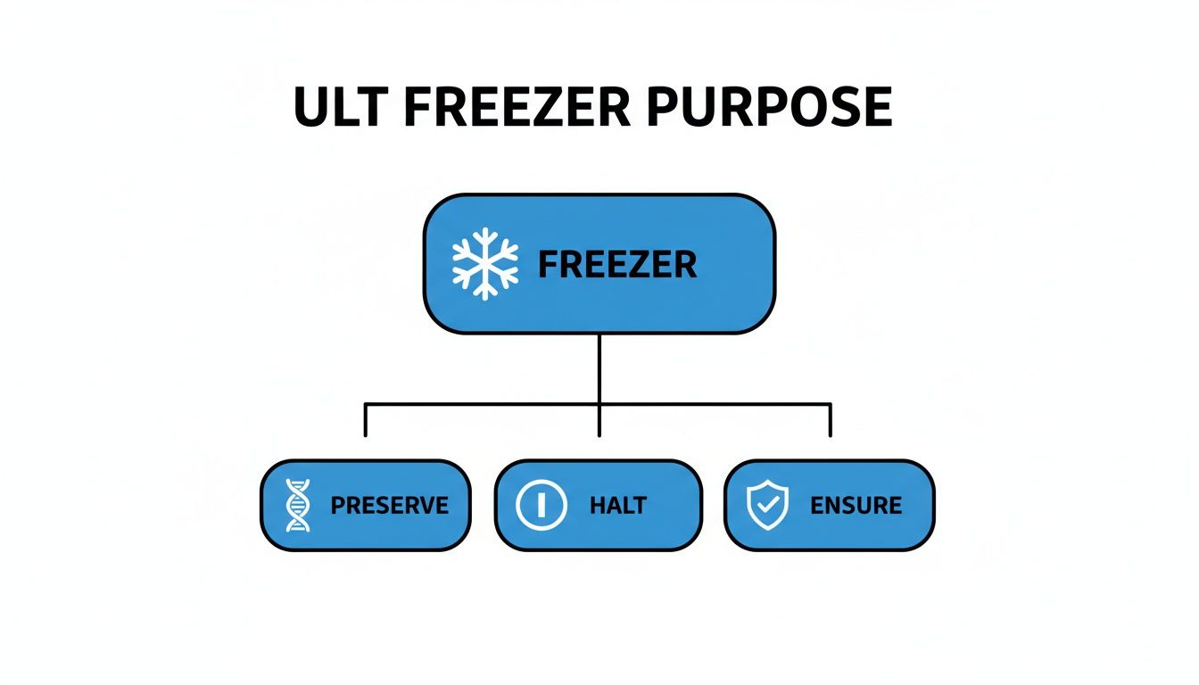 A diagram illustrating the ULT freezer's purpose to preserve, halt, and ensure processes.