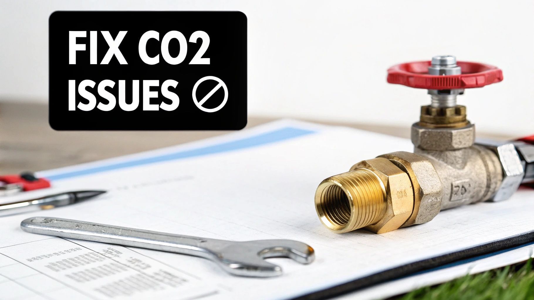 Black sign says 'FIX CO2 ISSUES' next to a wrench, valve, and documents.