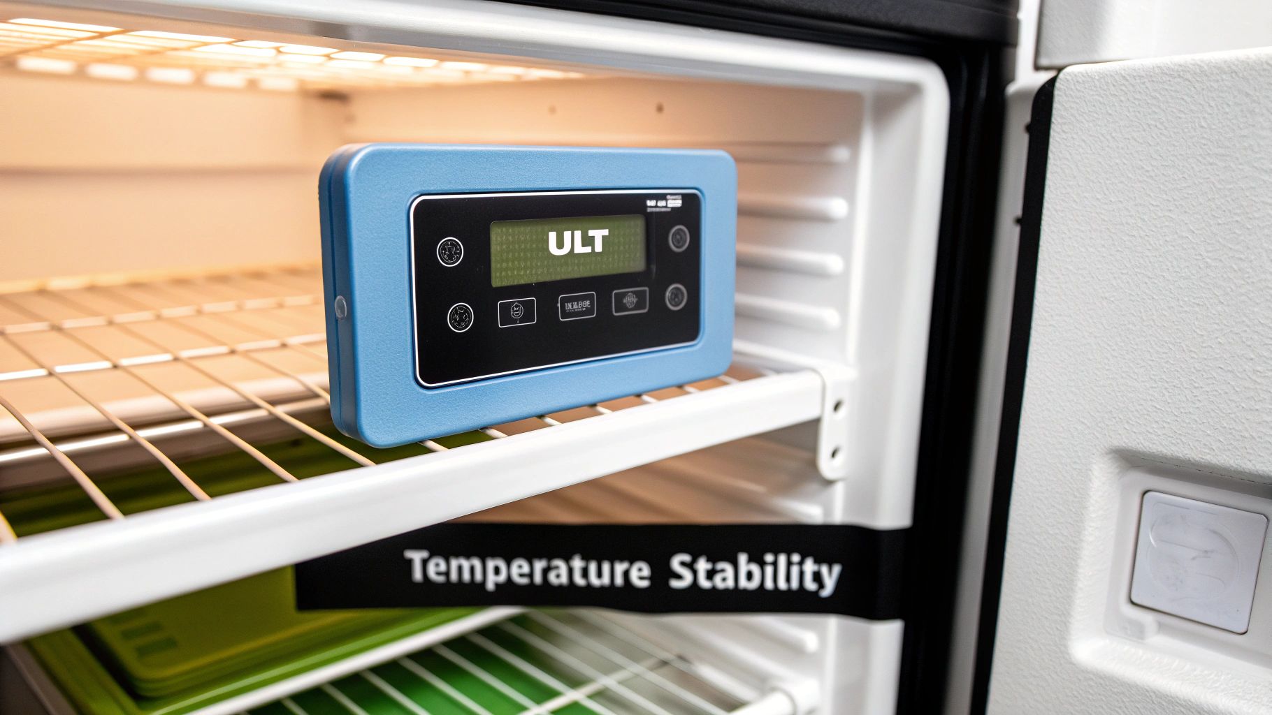 A blue temperature monitoring device displaying "ULT" inside an open white refrigerator, emphasizing temperature stability.