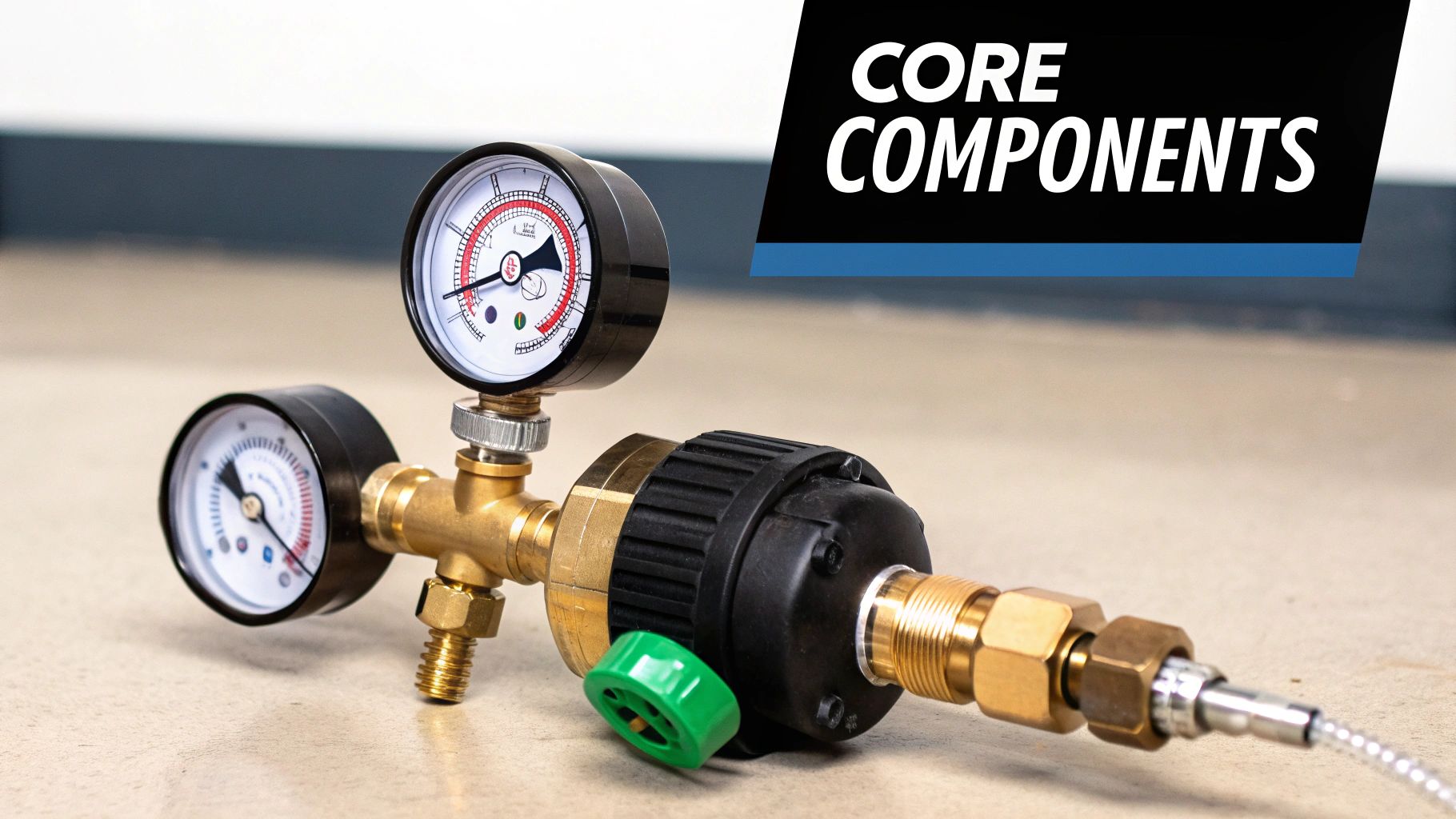 A medical oxygen pressure regulator with two gauges, a green knob, and brass fittings.