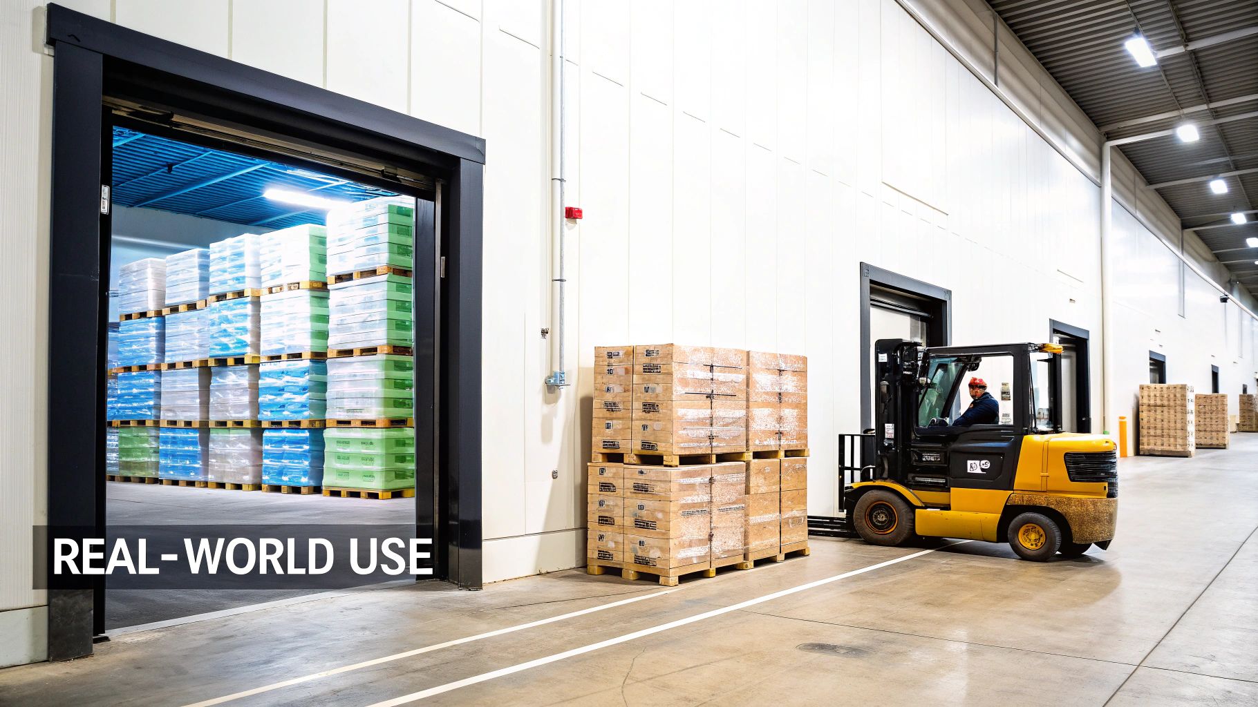 A forklift operates in a large, modern warehouse with stacked pallets of packaged goods and loading docks.
