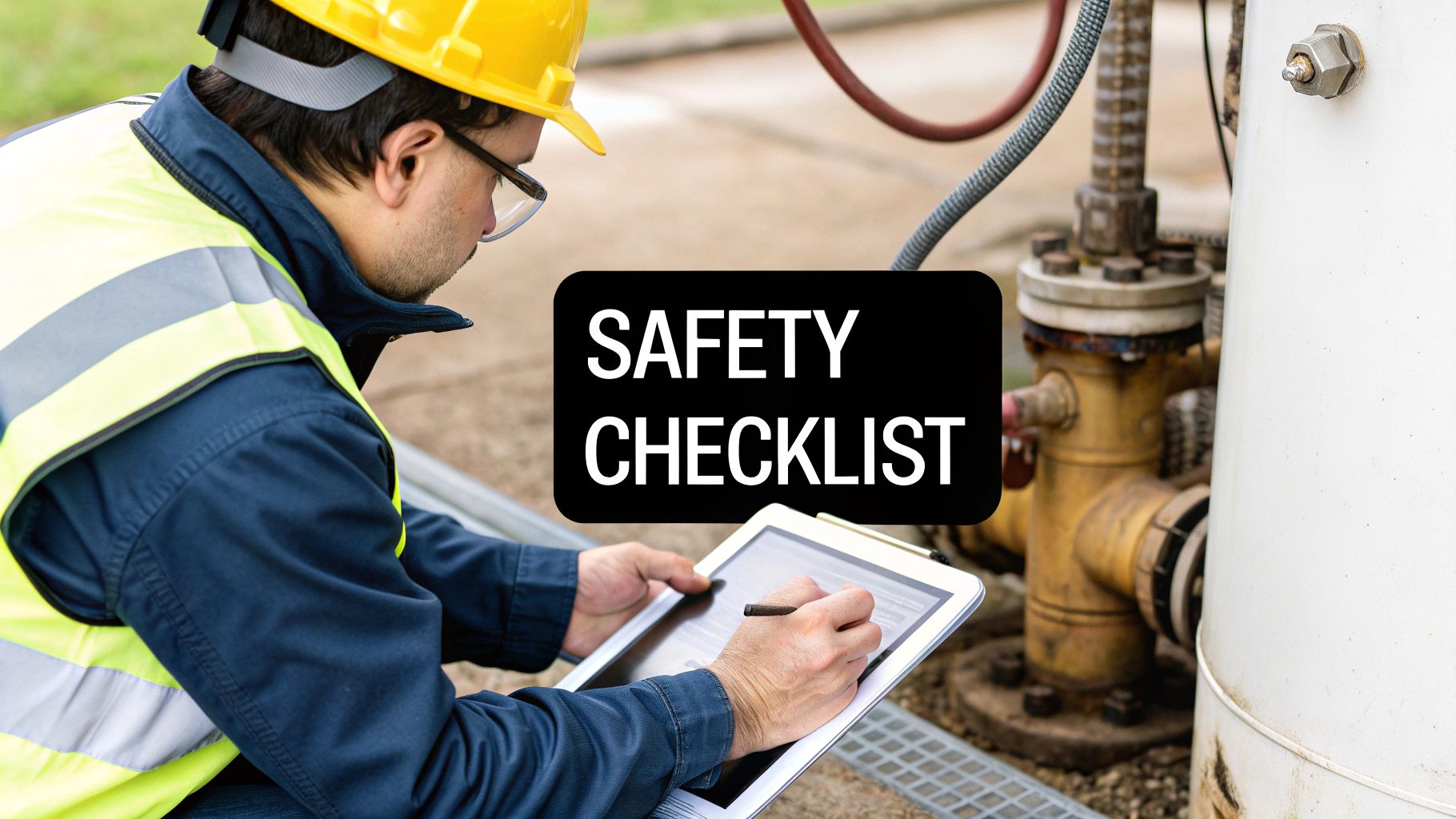 A man in safety gear reviews a safety checklist on a tablet near industrial equipment.