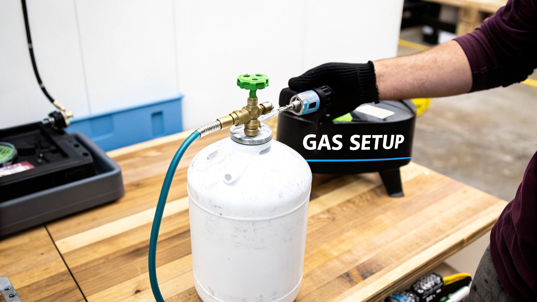 A person with a gloved hand connects equipment to a white gas cylinder with a green valve.