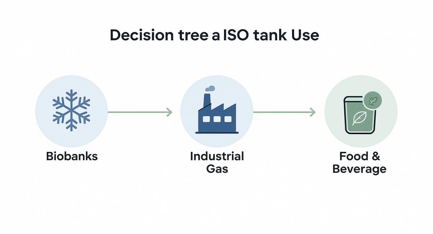 Decision tree illustrating ISO tank uses for Biobanks, Industrial Gas, and Food & Beverage applications.