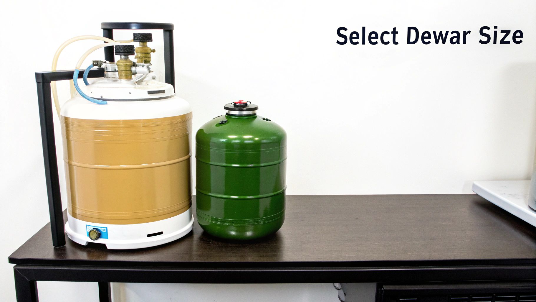 Two liquid nitrogen dewars, one gold and one green, sit on a dark table.