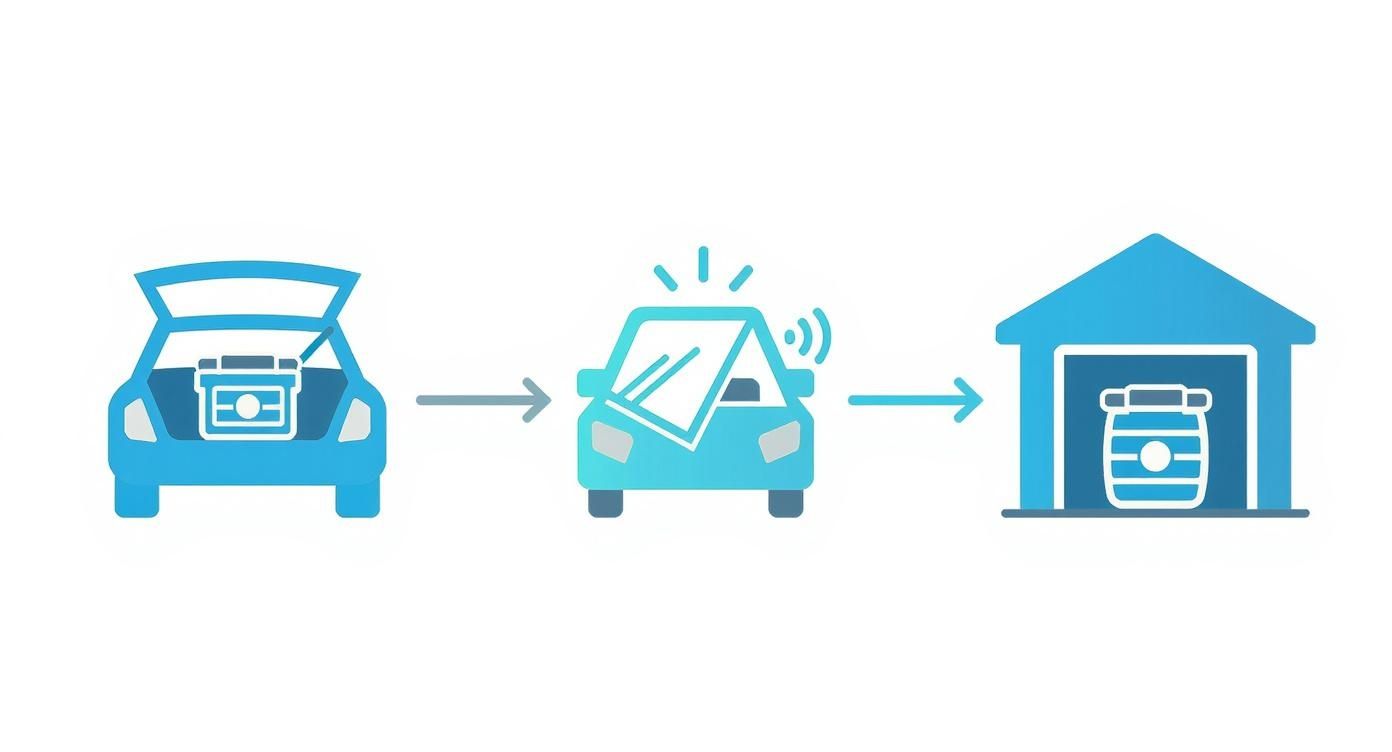 Graphic illustrating smart delivery: a container is moved from a car, through a smart car, into a garage.