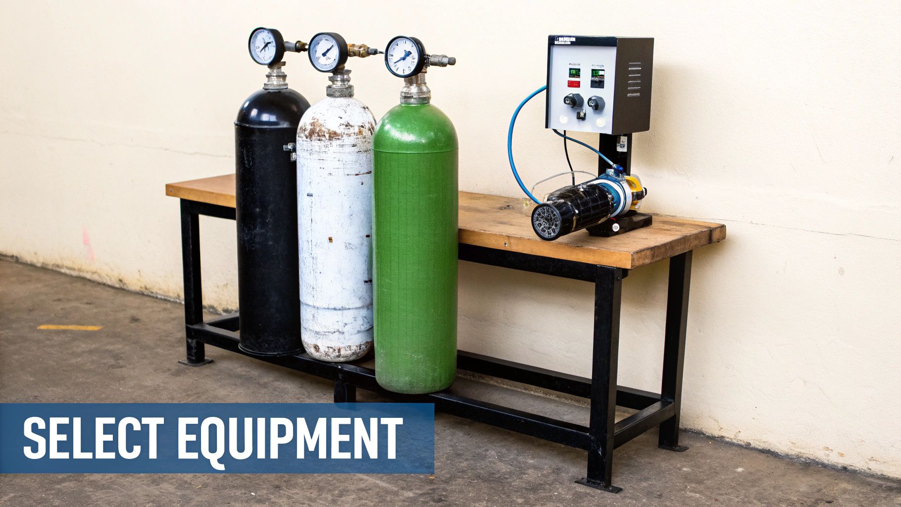 Three industrial gas cylinders in black, white, and green with pressure gauges, connected to a control unit and device on a workbench.