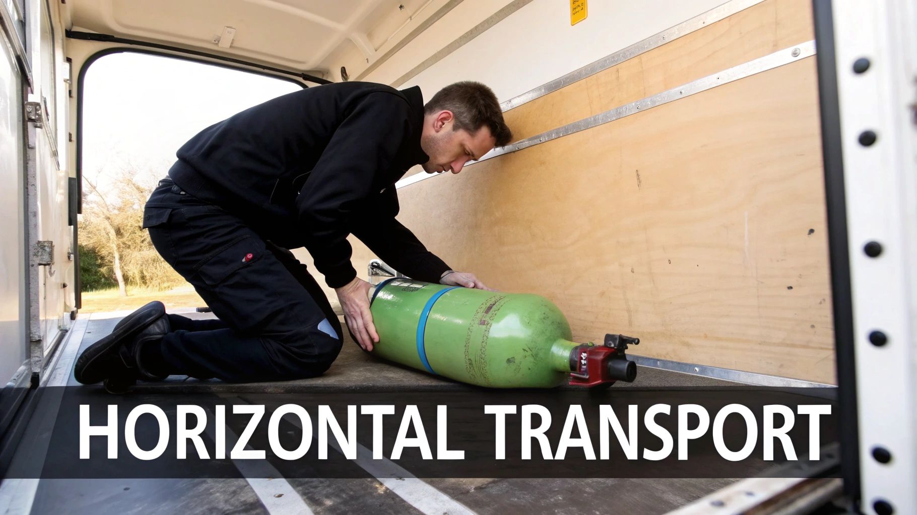A man kneels inside a van, carefully positioning a green gas cylinder for horizontal transport.
