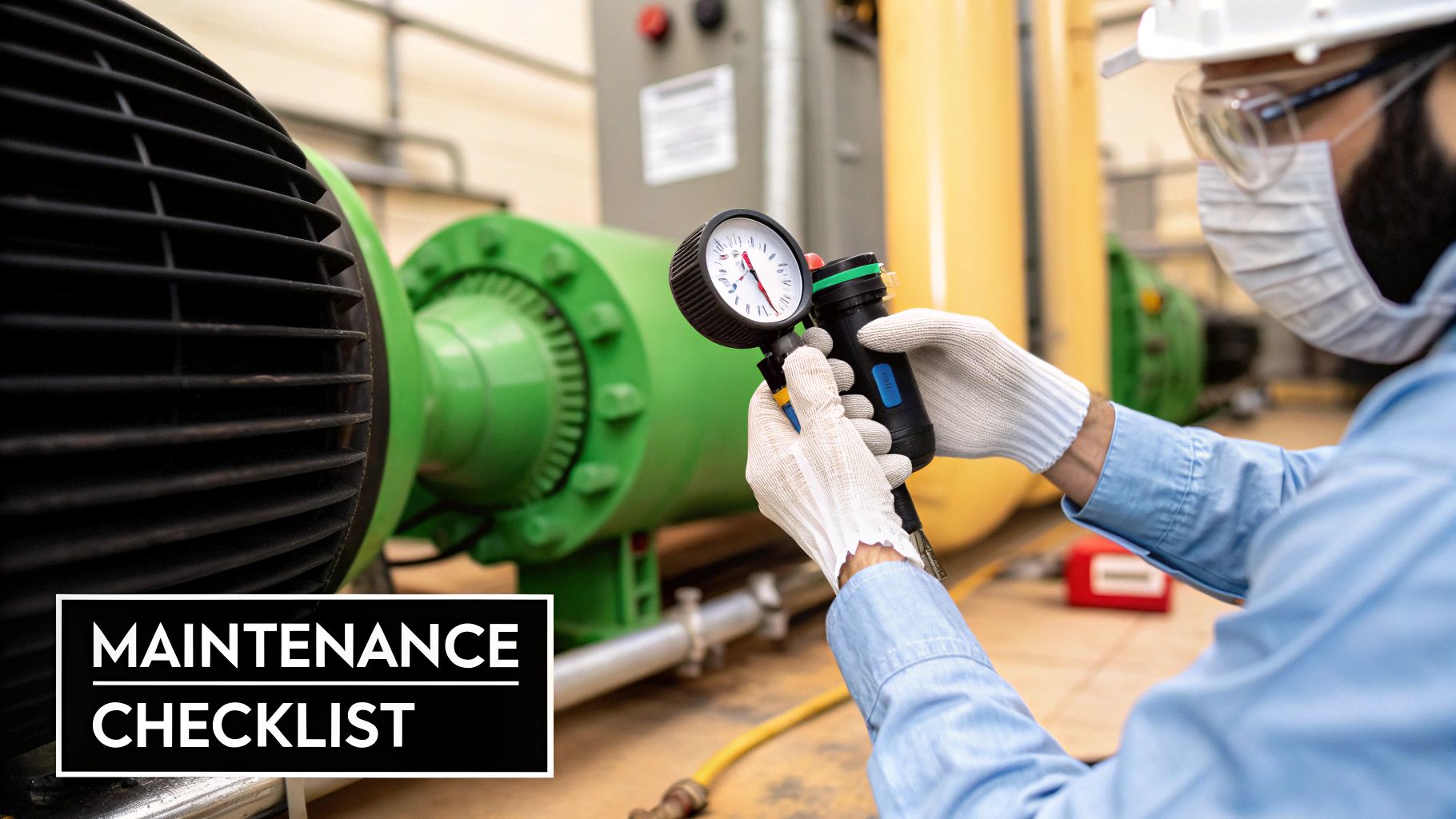 A technician in a hard hat and mask inspects a tube heat exchanger with a gauge, performing industrial maintenance.