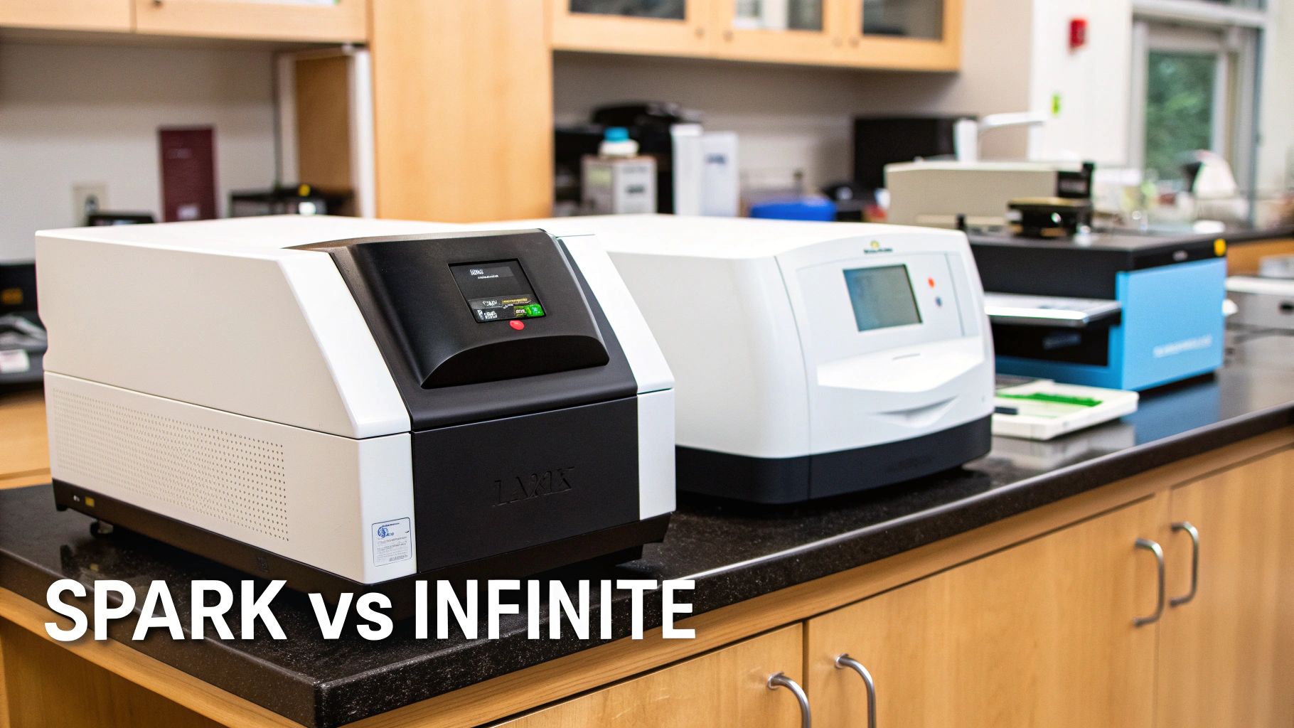 Two scientific microplate readers, Spark and Infinite, displayed in a modern laboratory setting.