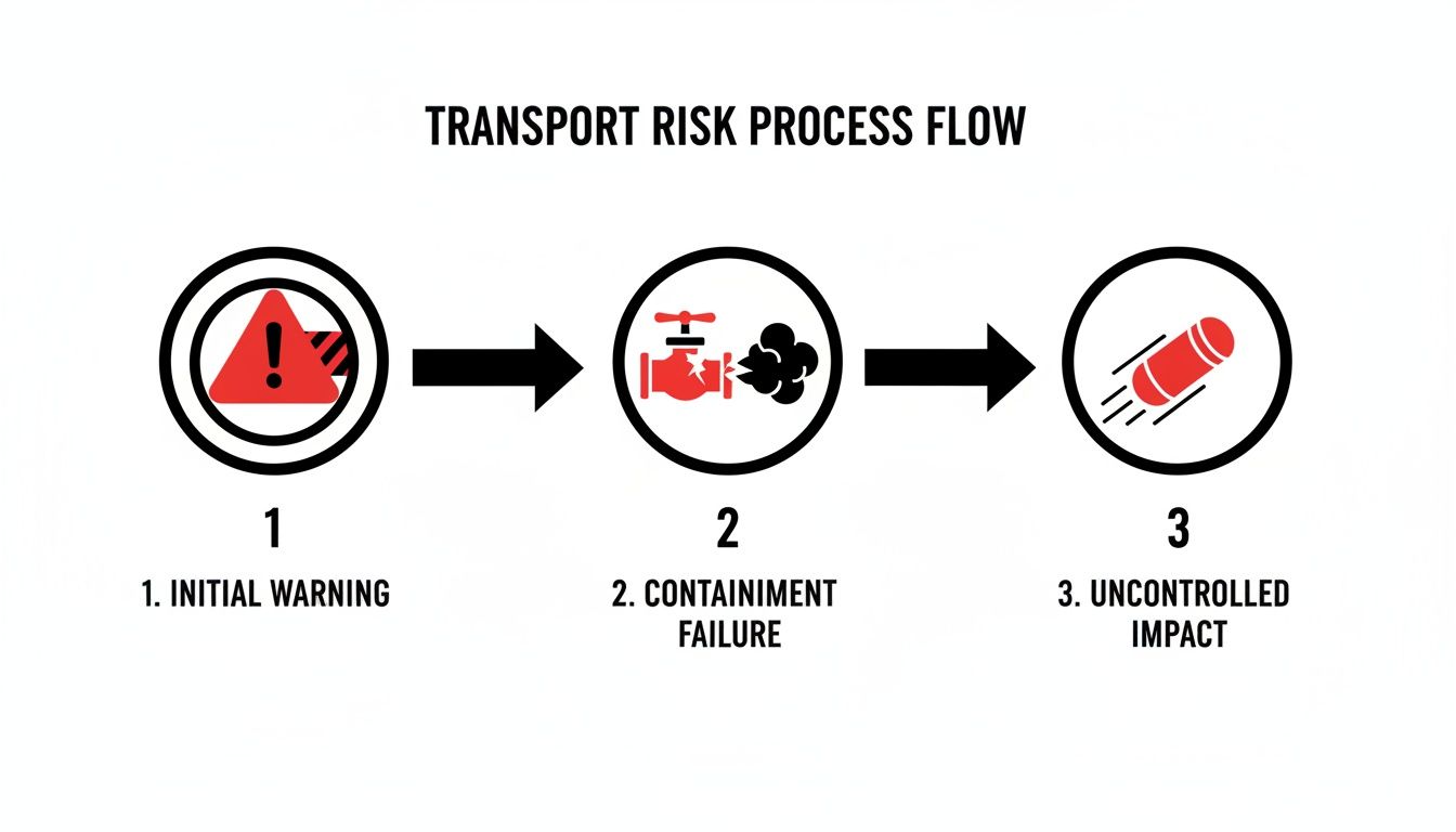 Flowchart illustrating a transport risk process with initial warning, containment failure, and uncontrolled impact.