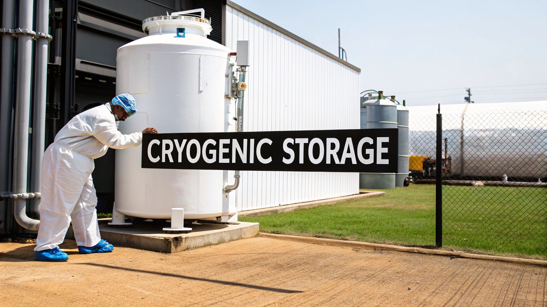 A technician in PPE inspects a large industrial cryogenic storage tank outdoors.
