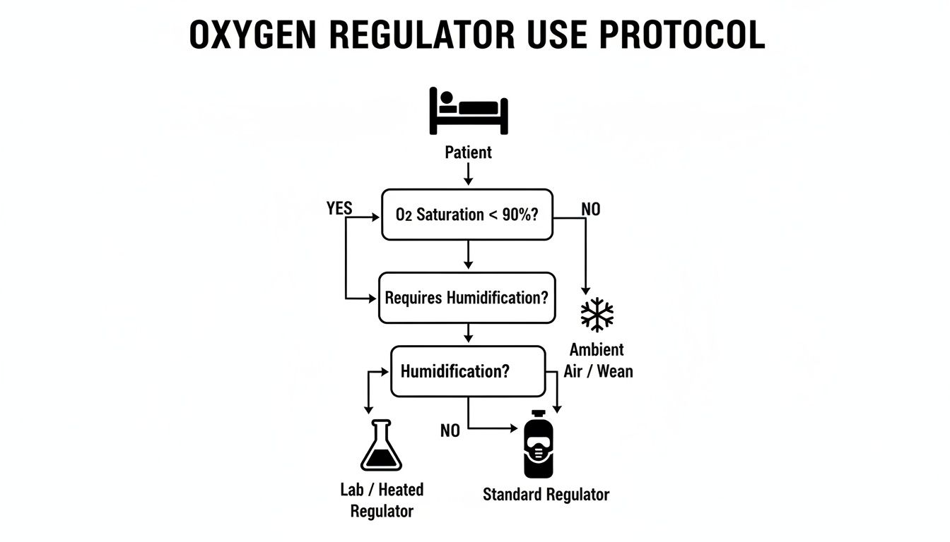 Flowchart detailing the oxygen regulator use protocol based on patient O2 saturation and humidification needs.