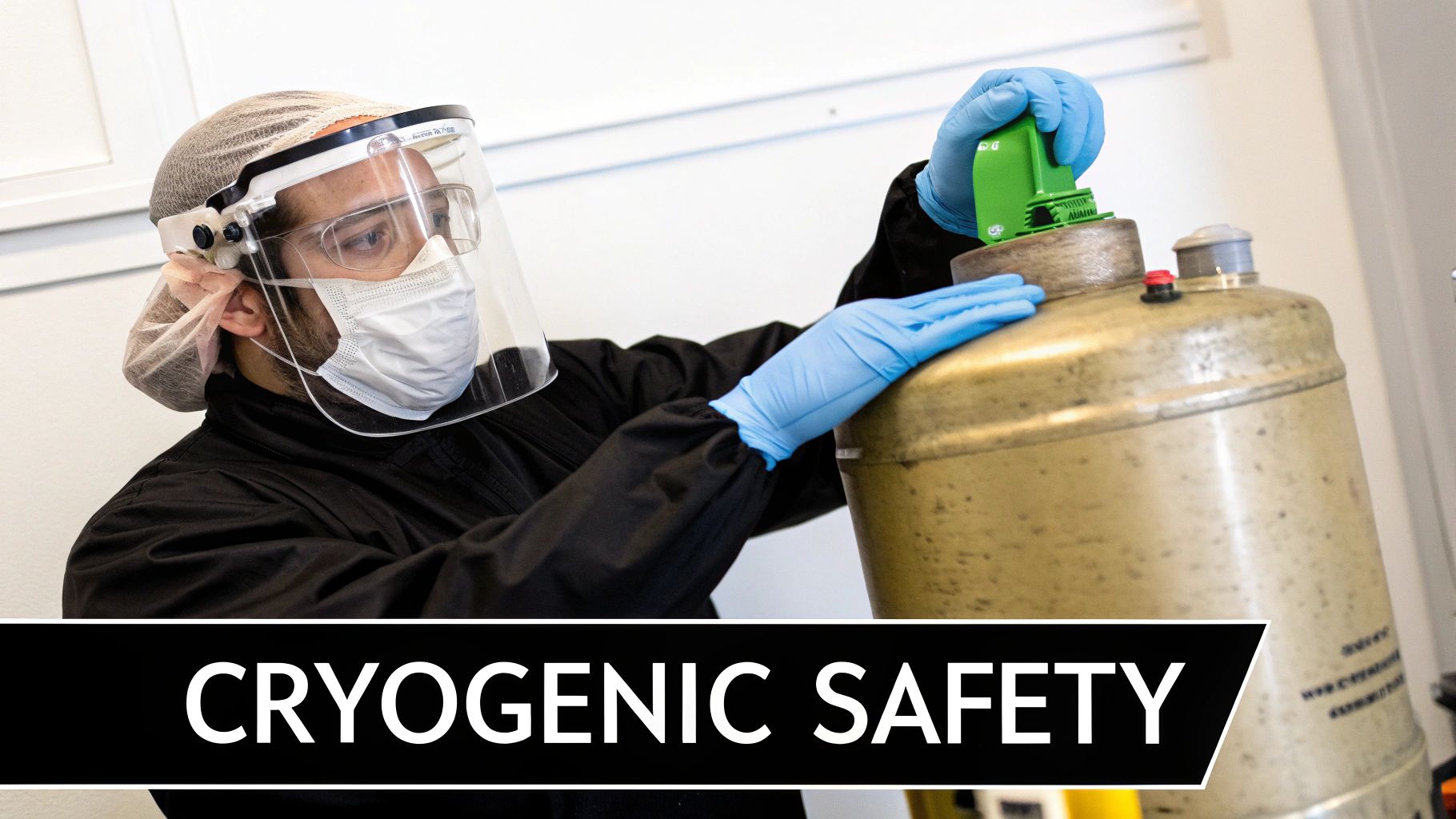 A person in full PPE, including a face shield, mask, and gloves, carefully handles a cryogenic liquid nitrogen tank.