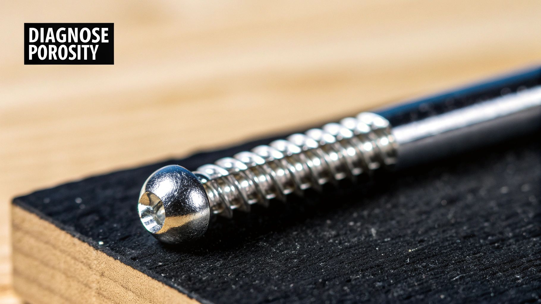 Close-up of a shiny metal screw on a dark surface with text 'DIAGNOSE POROSITY'.