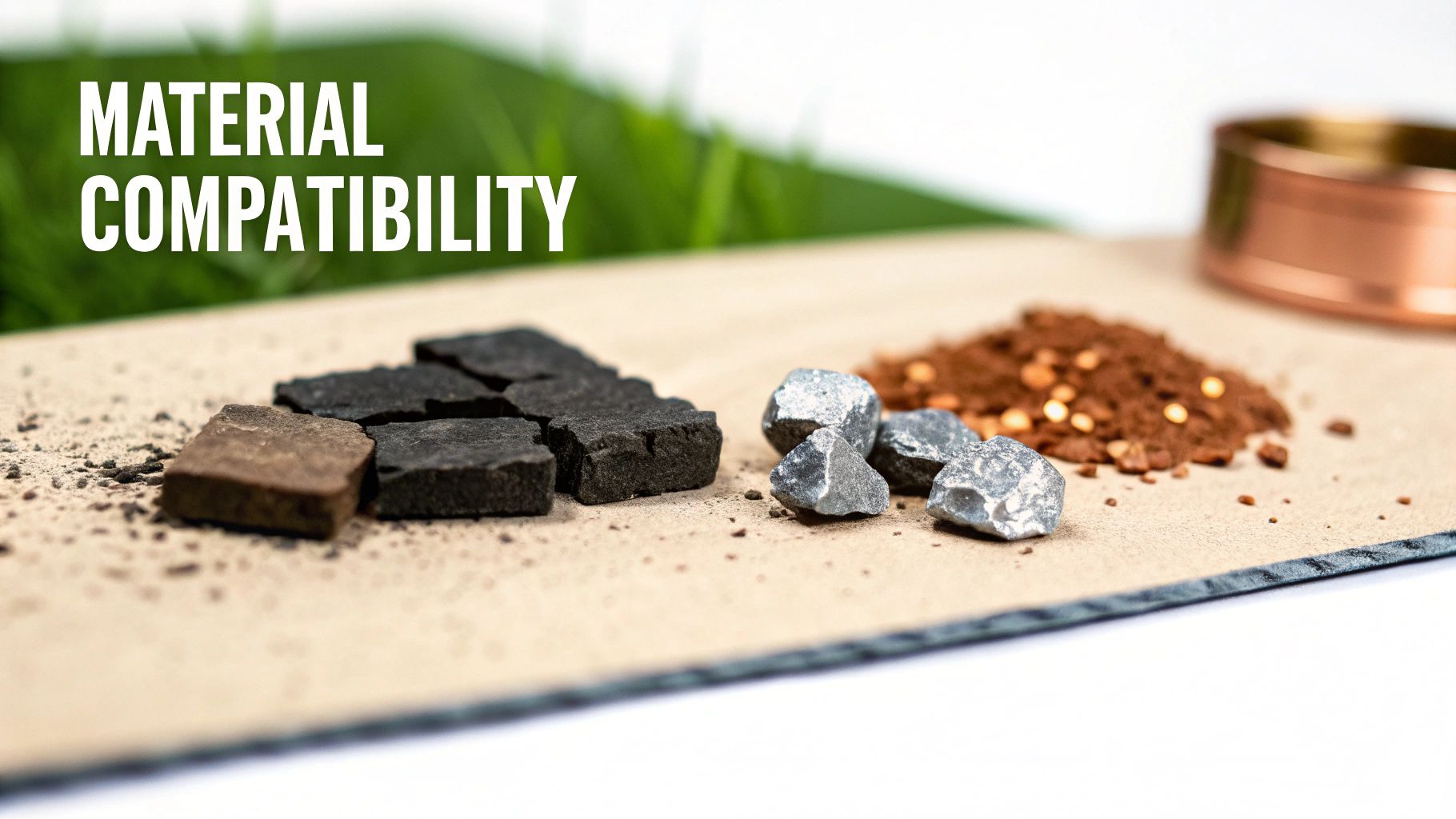 Display of various material samples including charcoal, metallic rocks, and granular substance, with 'MATERIAL COMPATIBILITY' text.