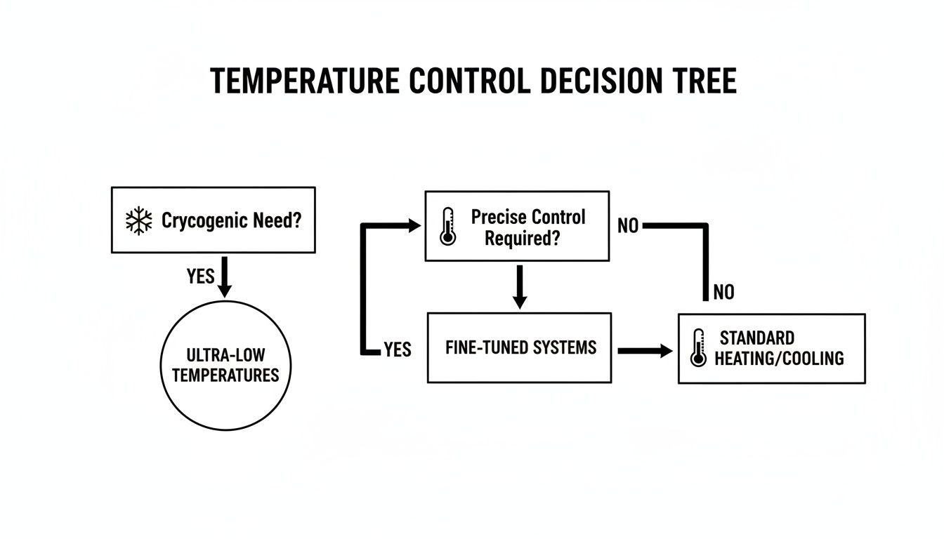A temperature control decision tree flowchart illustrating choices for heating and cooling systems.