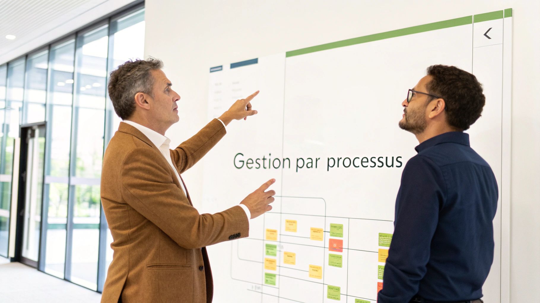 Deux hommes en tenue professionnelle discutent devant un grand tableau blanc affichant un diagramme de processus.