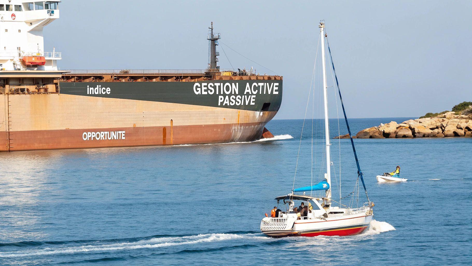 Un grand cargo avec des inscriptions 'GESTION ACTIVE PASSIVE' navigue près d'un voilier et d'un petit bateau.