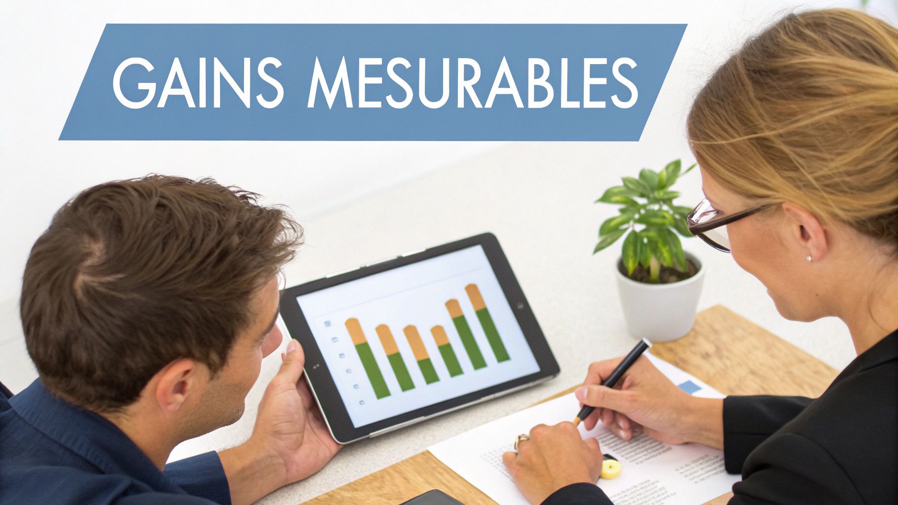 Deux professionnels analysent un graphique de données sur une tablette et prennent des notes, avec une bannière "GAINS MESURABLES".