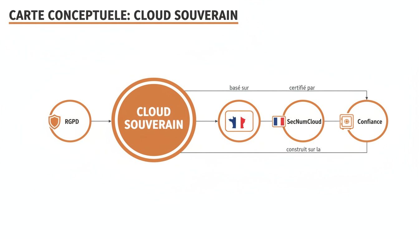 Diagramme conceptuel du Cloud Souverain, intégrant le RGPD, les standards français comme SecNumCloud, pour bâtir la confiance.