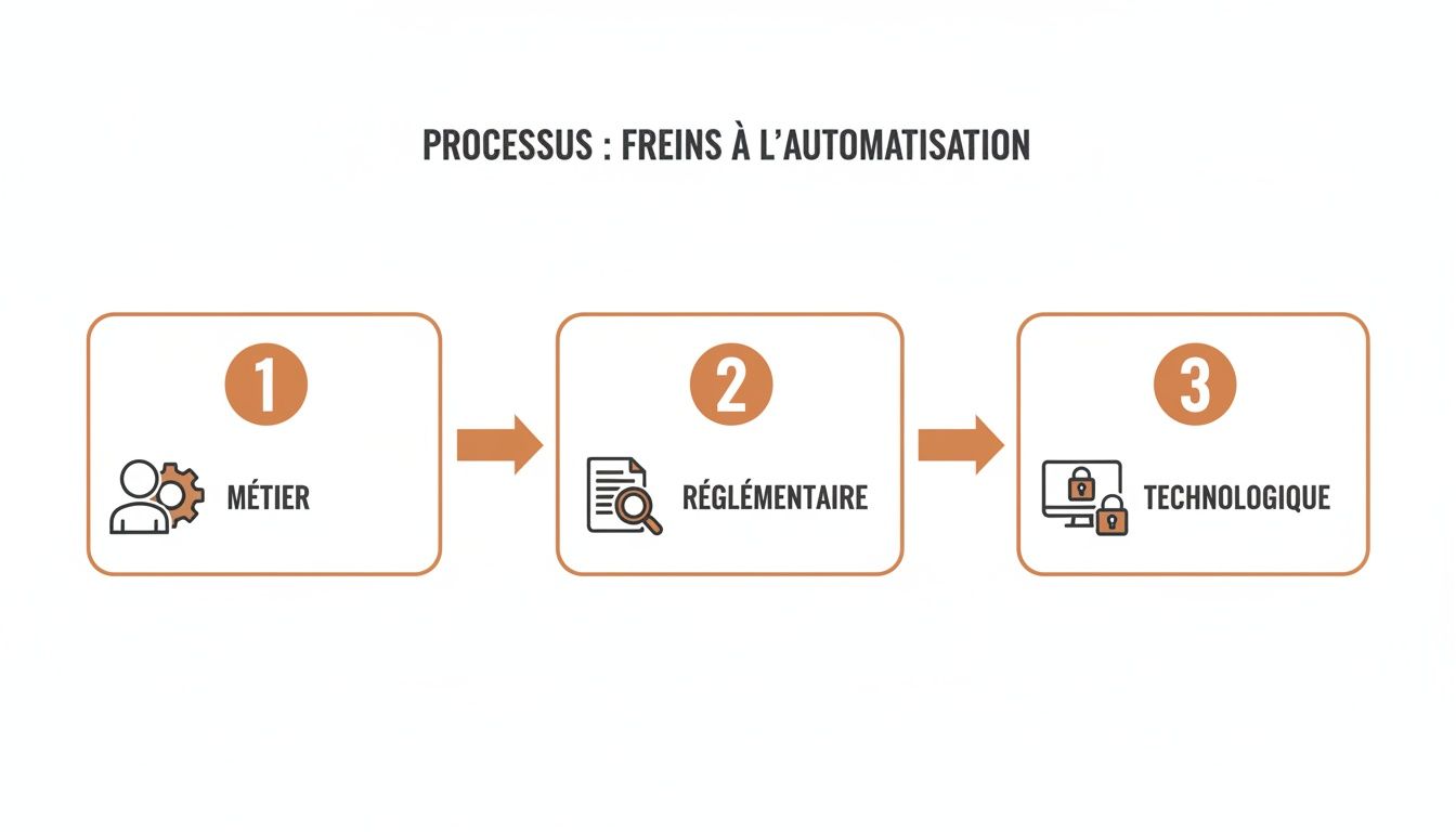 Diagramme de processus illustrant les trois principaux freins à l'automatisation : métier, réglementaire et technologique.