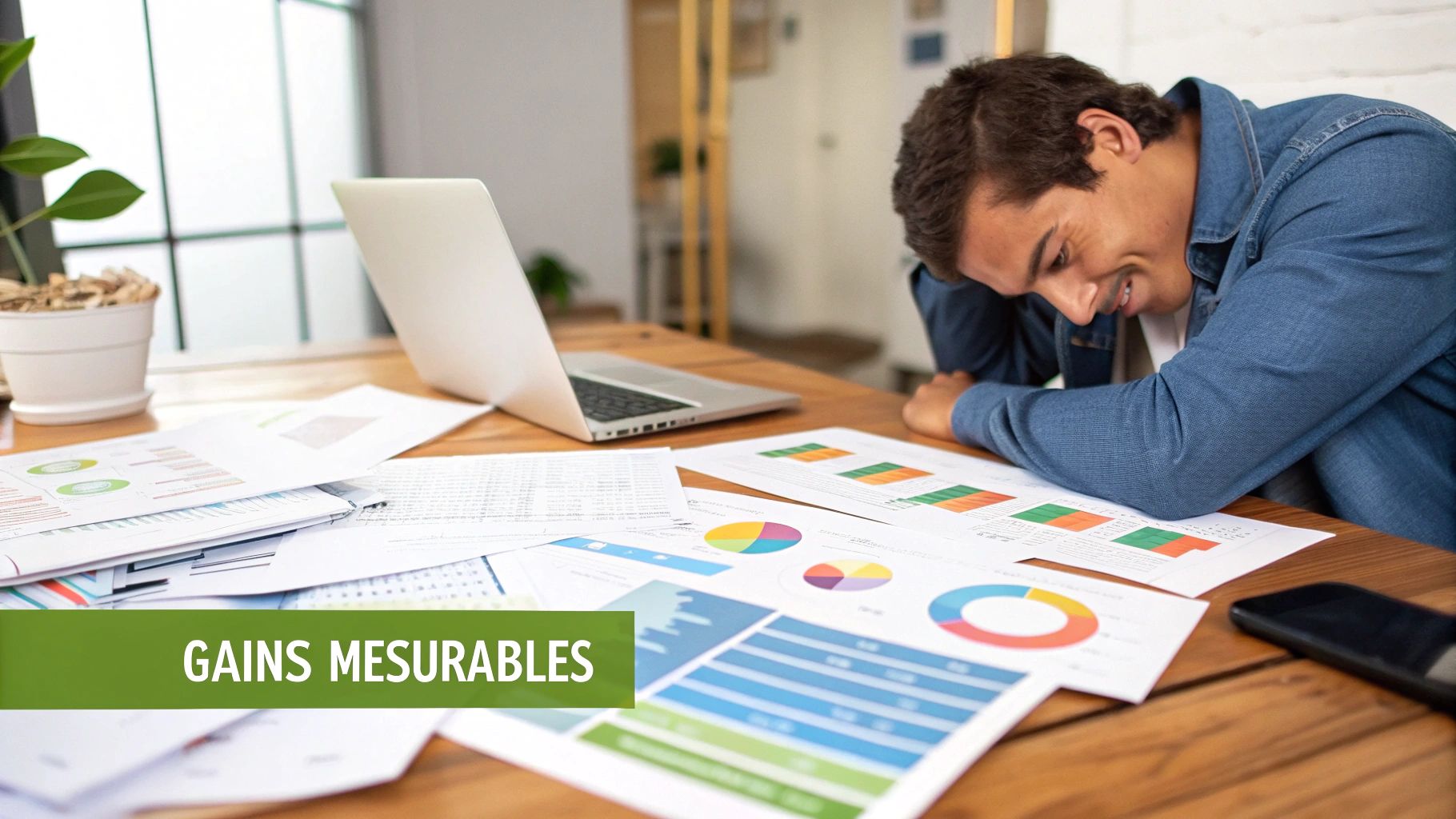 Un homme d'affaires frustré examine des documents financiers avec des graphiques sur un bureau en bois, à côté d'un ordinateur portable. Une bannière verte avec l'inscription "GAINS MESURABLES" est présente.