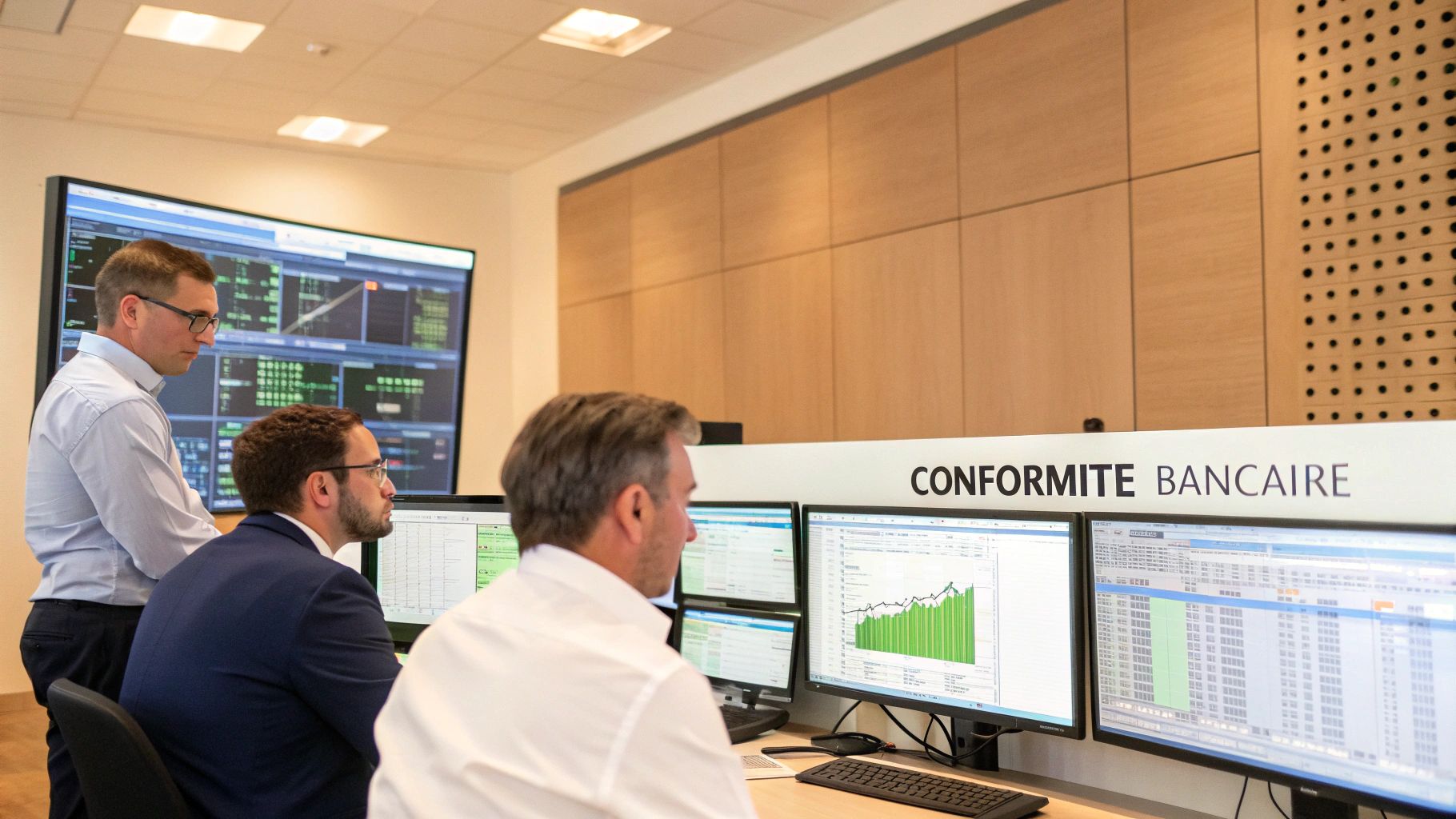 Trois hommes dans un bureau bancaire, consultant des écrans d'ordinateur et un grand écran mural affichant des données.
