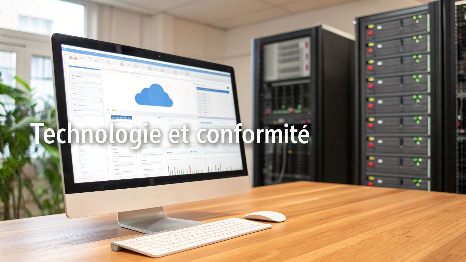 Ordinateur de bureau sur un pupitre en bois avec des serveurs en arrière-plan, affichant des données cloud. Texte : Technologie et conformité.