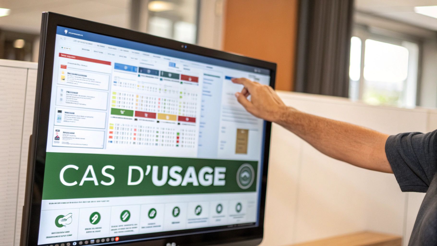 Main d'une personne pointant un écran d'ordinateur affichant une application métier avec des données et le texte 'CAS D'USAGE'.