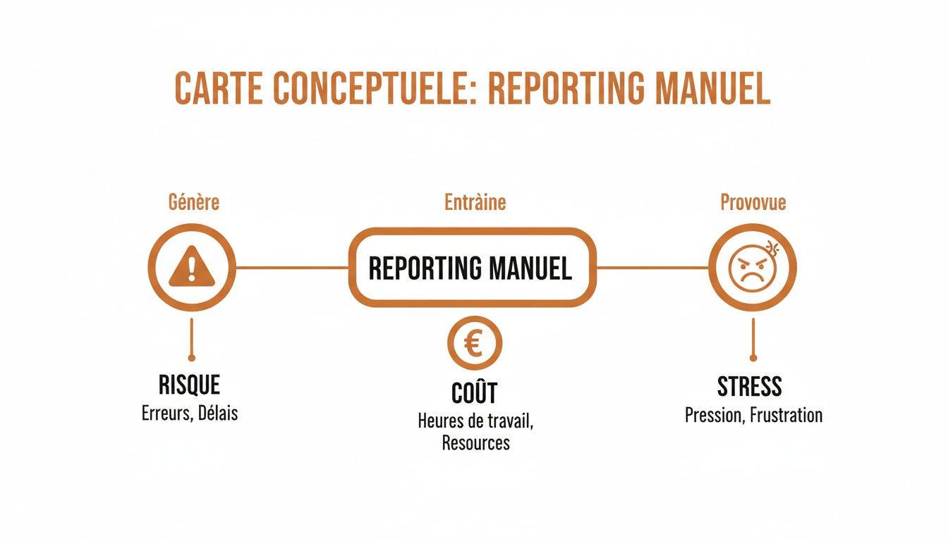 Diagramme conceptuel illustrant les conséquences négatives du reporting manuel sur les risques, les coûts et le stress.