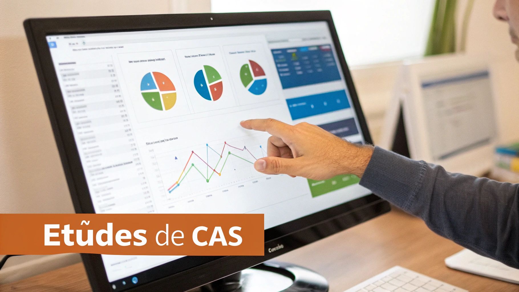 Main pointant vers un écran d'ordinateur affichant des graphiques de données et des tableaux d'analyse. Texte : «Études de CAS».