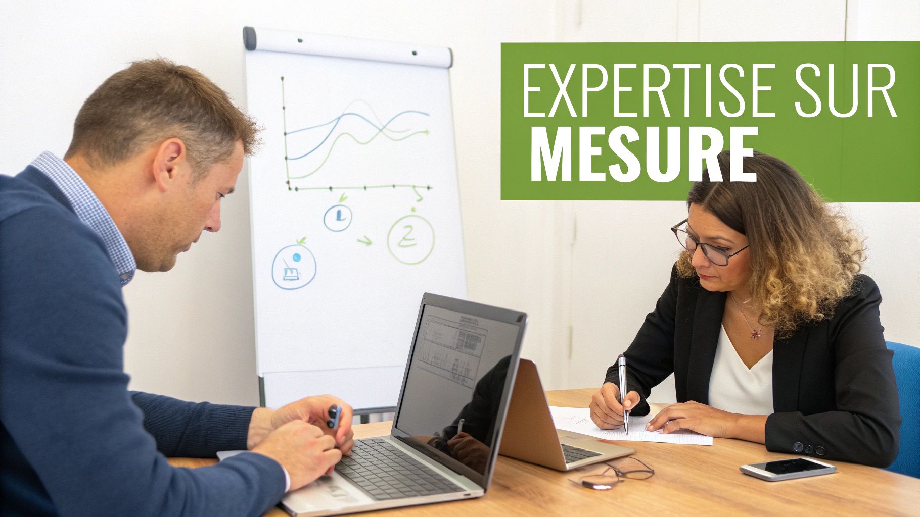 Deux professionnels travaillant ensemble avec un ordinateur portable, prenant des notes lors d'une réunion, avec un tableau blanc et le texte 'EXPERTISE SUR MESURE'.